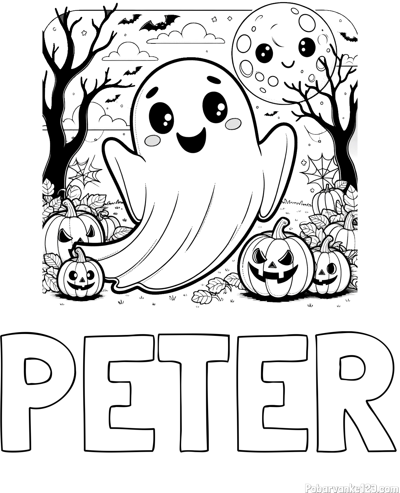 Pobarvanka imena PETER in pobarvanka ljubkega duhca in buč za noč čarovnic