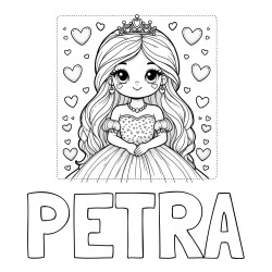 Pobarvanka imena PETRA in pobarvanka ljubke princese obdane s srčki