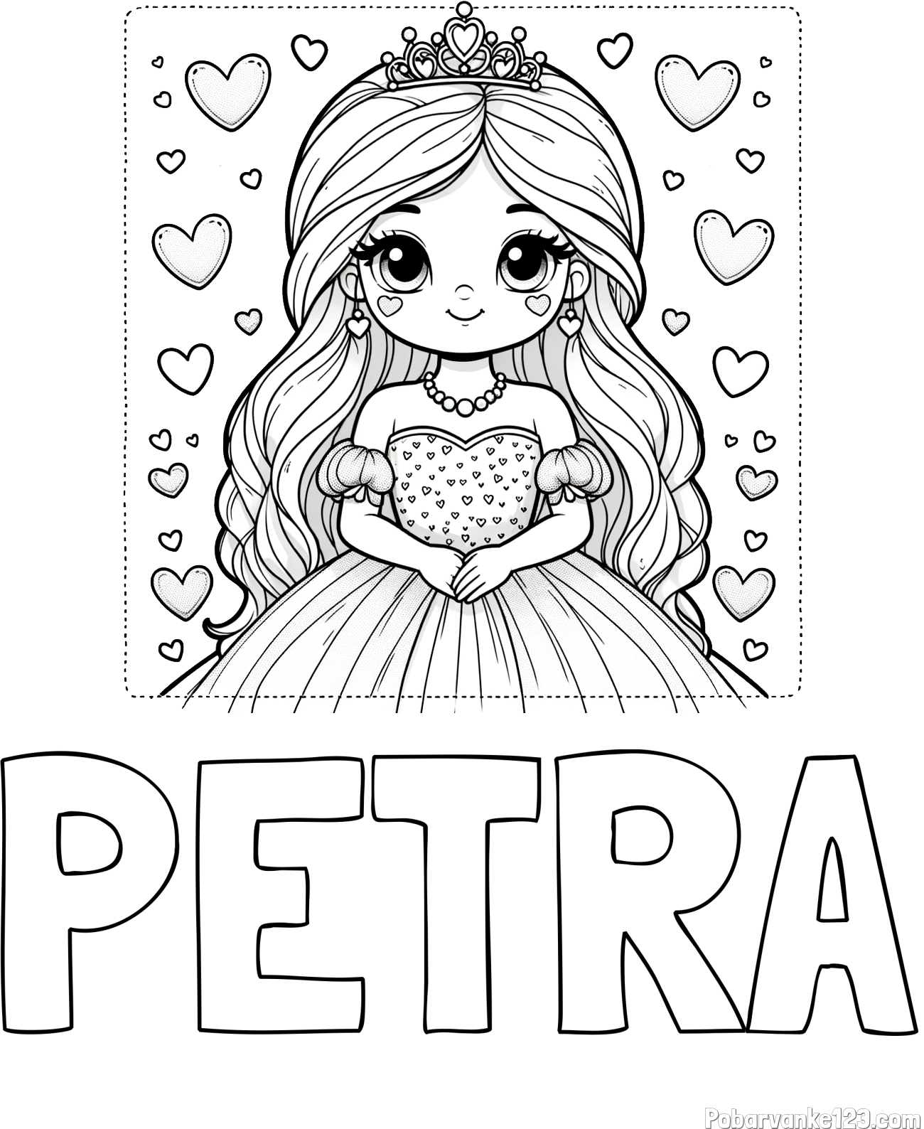 Pobarvanka imena PETRA in pobarvanka ljubke princese obdane s srčki