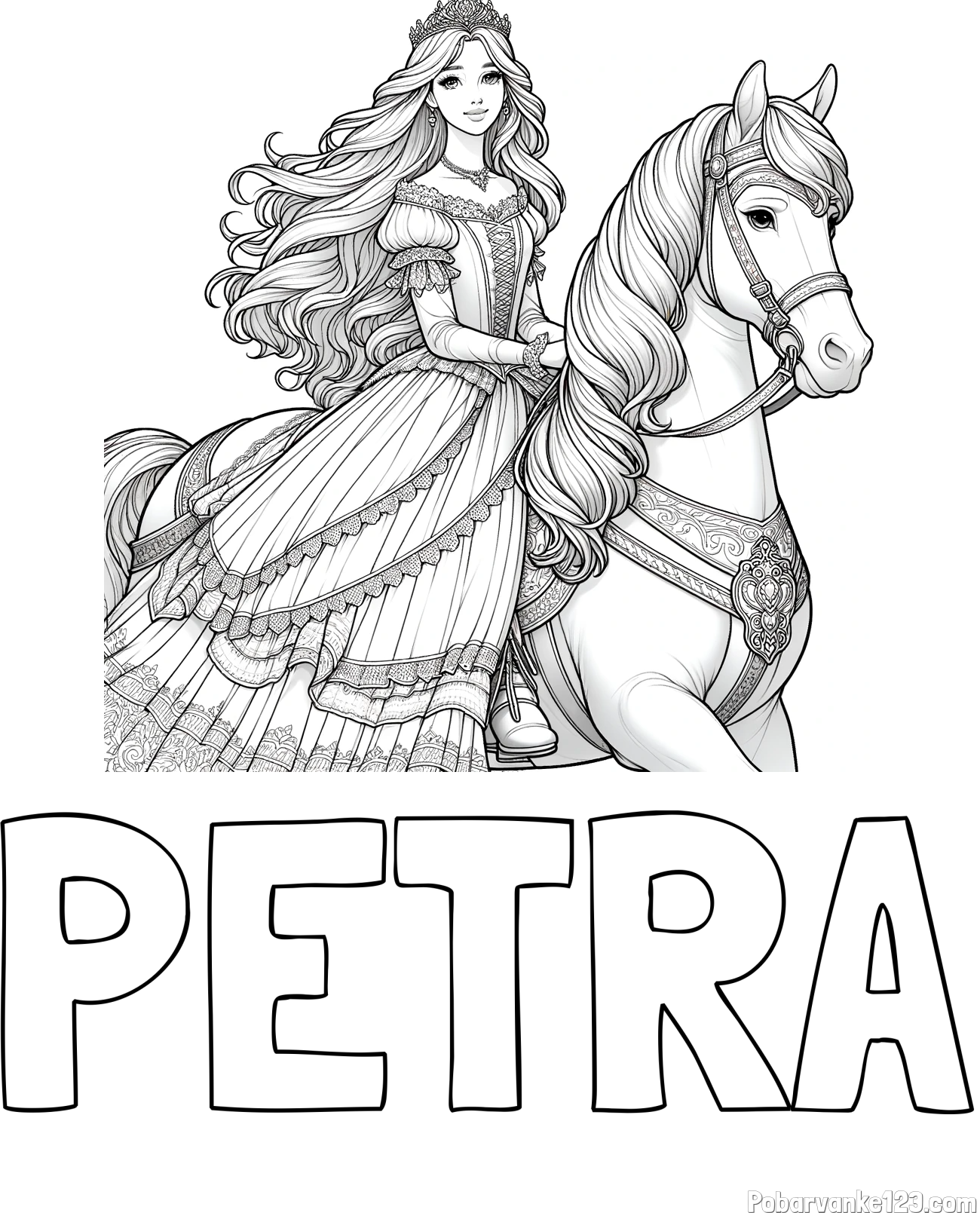Pobarvanka imena PETRA in pobarvanka nasmejana princese na konju