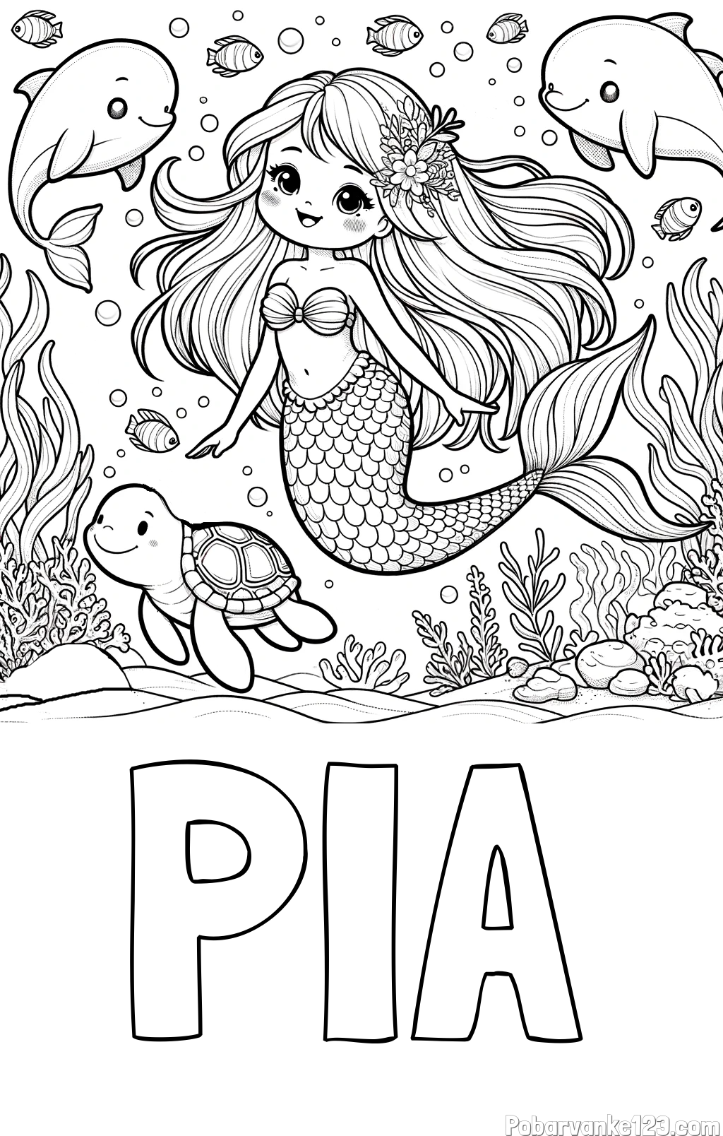 Pobarvanka imena PIA in pobarvana ljubke morske deklice s prijatelji