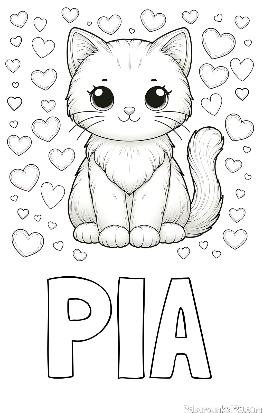 Pobarvanka imena PIA in pobarvanka ljubke mucke obdane s srčki