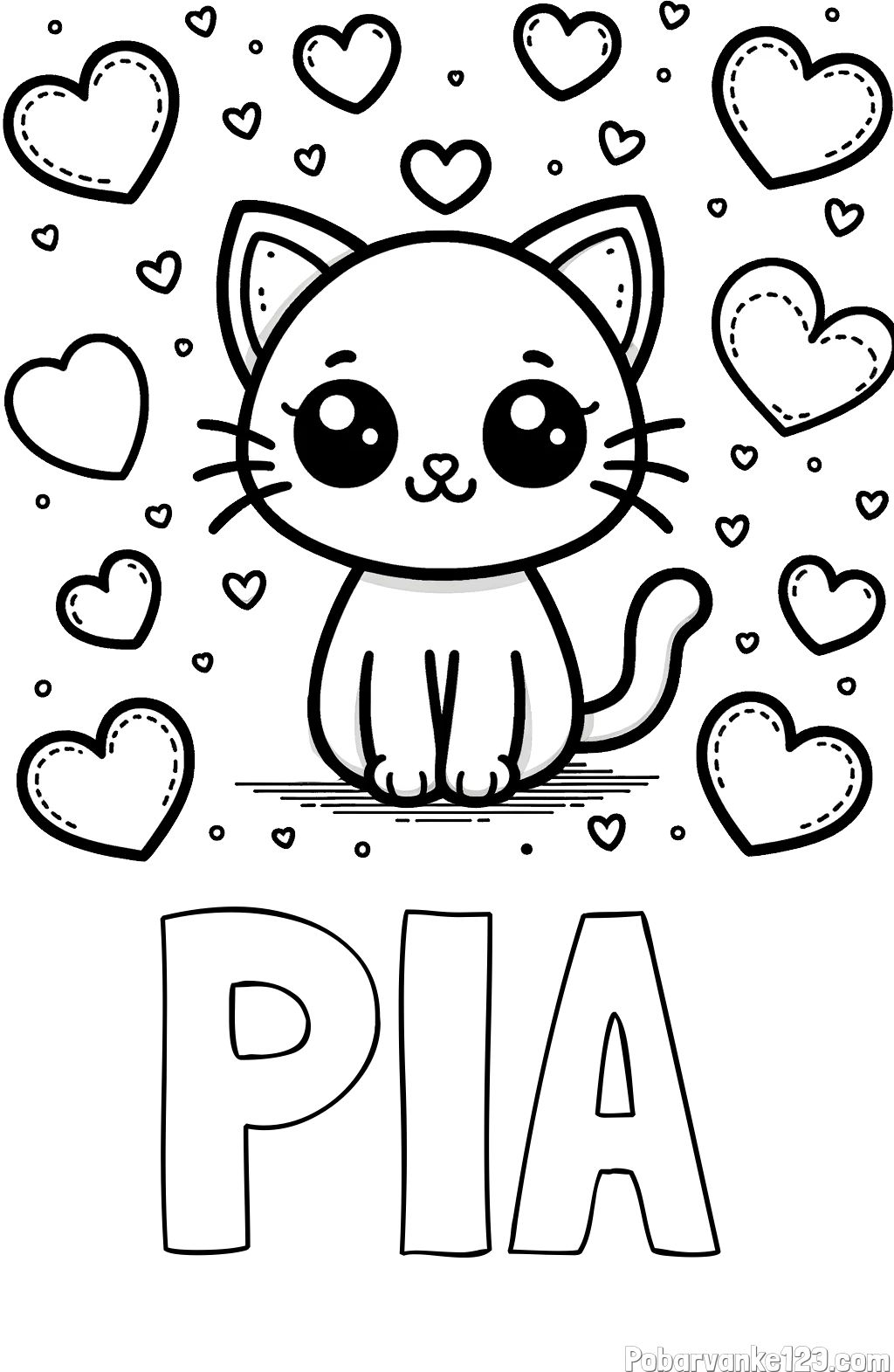 Pobarvanka imena PIA in pobarvanka ljubke mucke obdane z veliko srčki