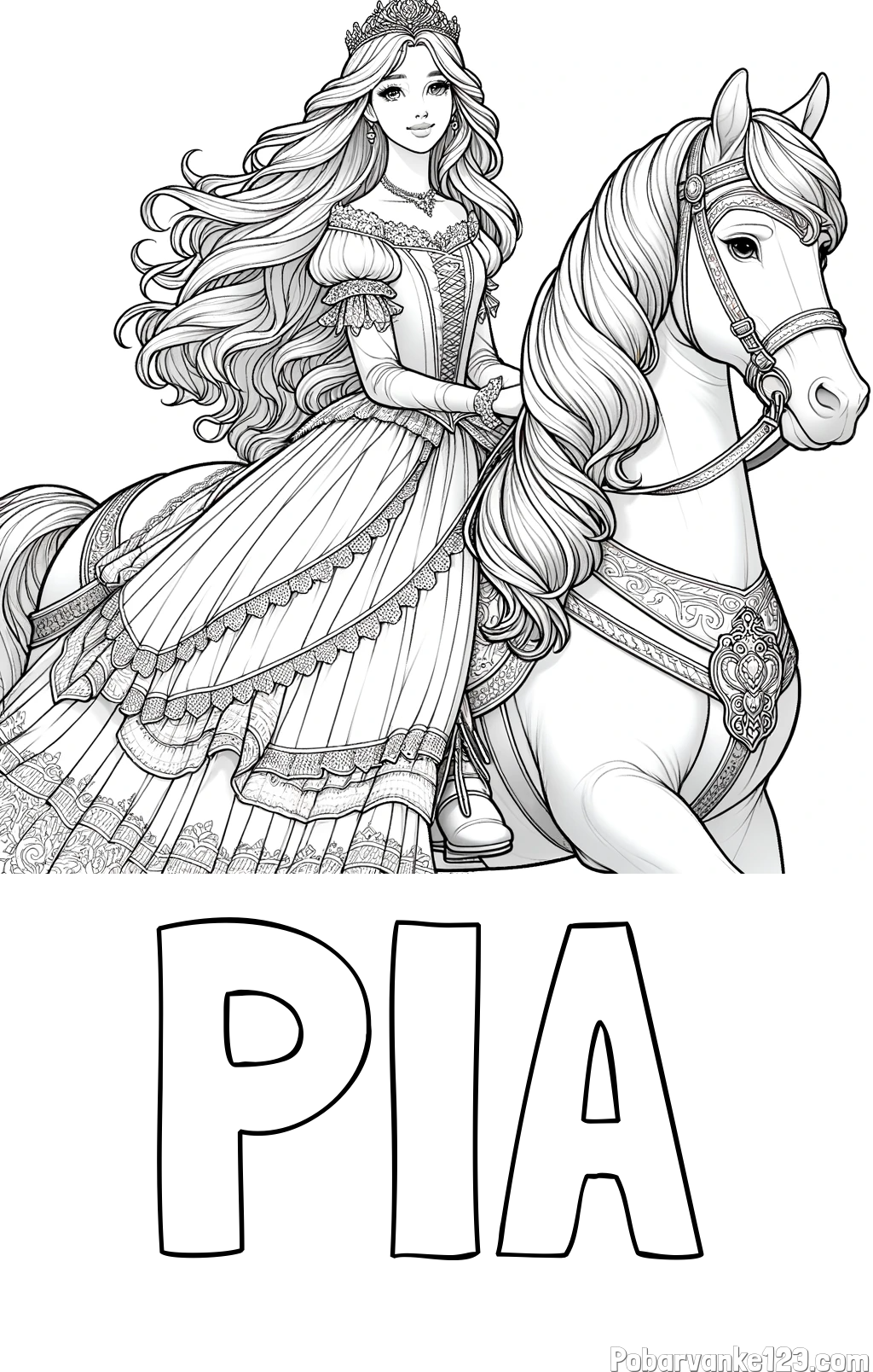 Pobarvanka imena PIA in pobarvanka nasmejana princese na konju