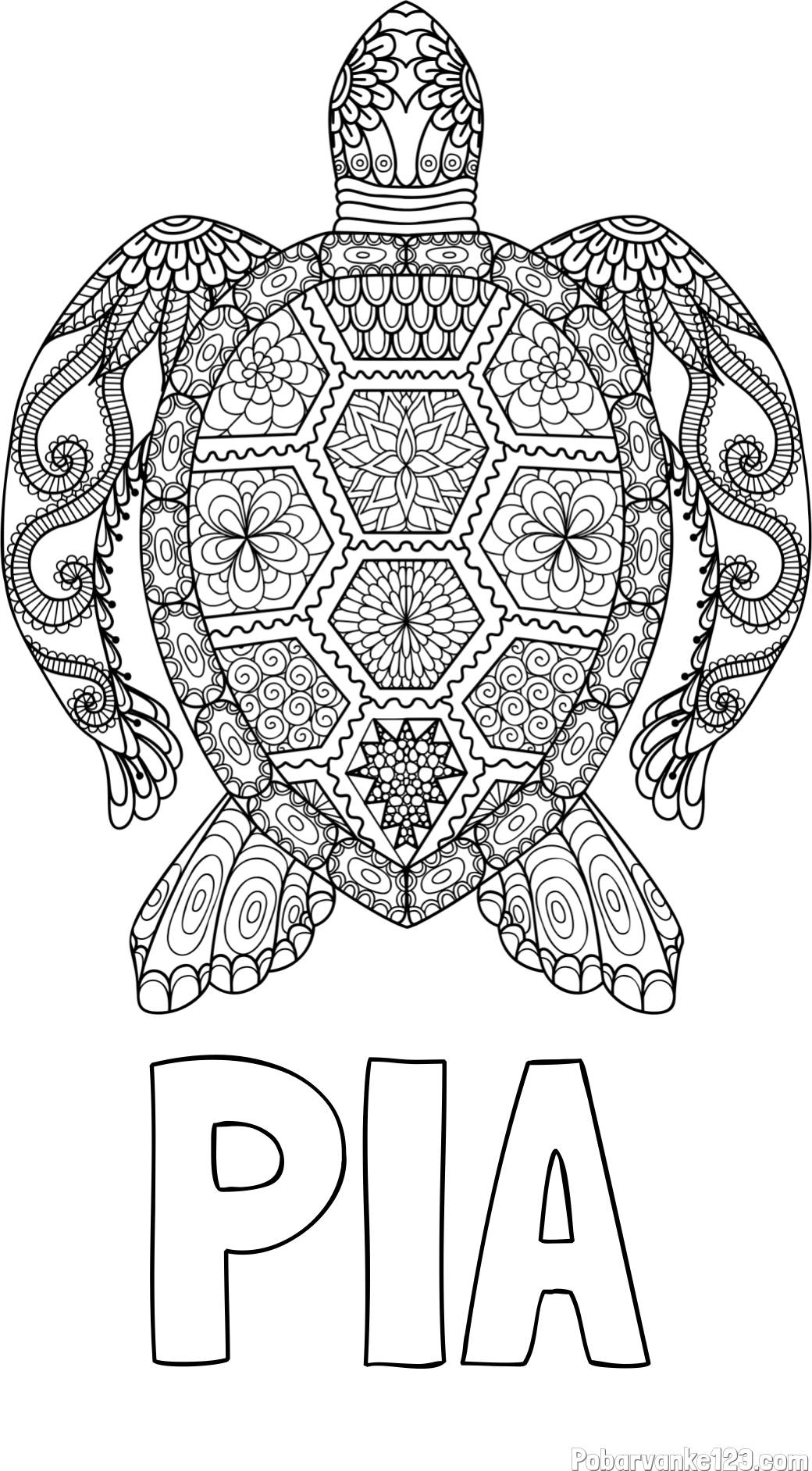Pobarvanka imena PIA in pobarvanka želve - mandale