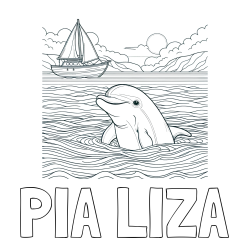Online izdelana pobarvanka - Pobarvanka imena PIA LIZA in pobarvanka delfina v morju ter jadrnice