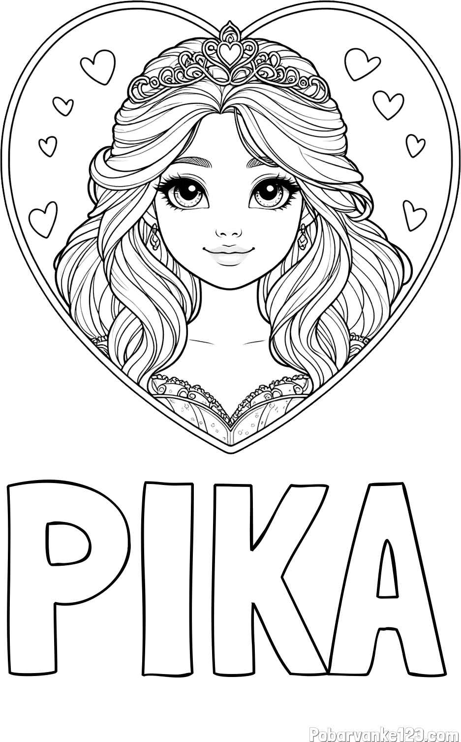 Pobarvanka imena PIKA in pobarvanka princeske ter srčkov