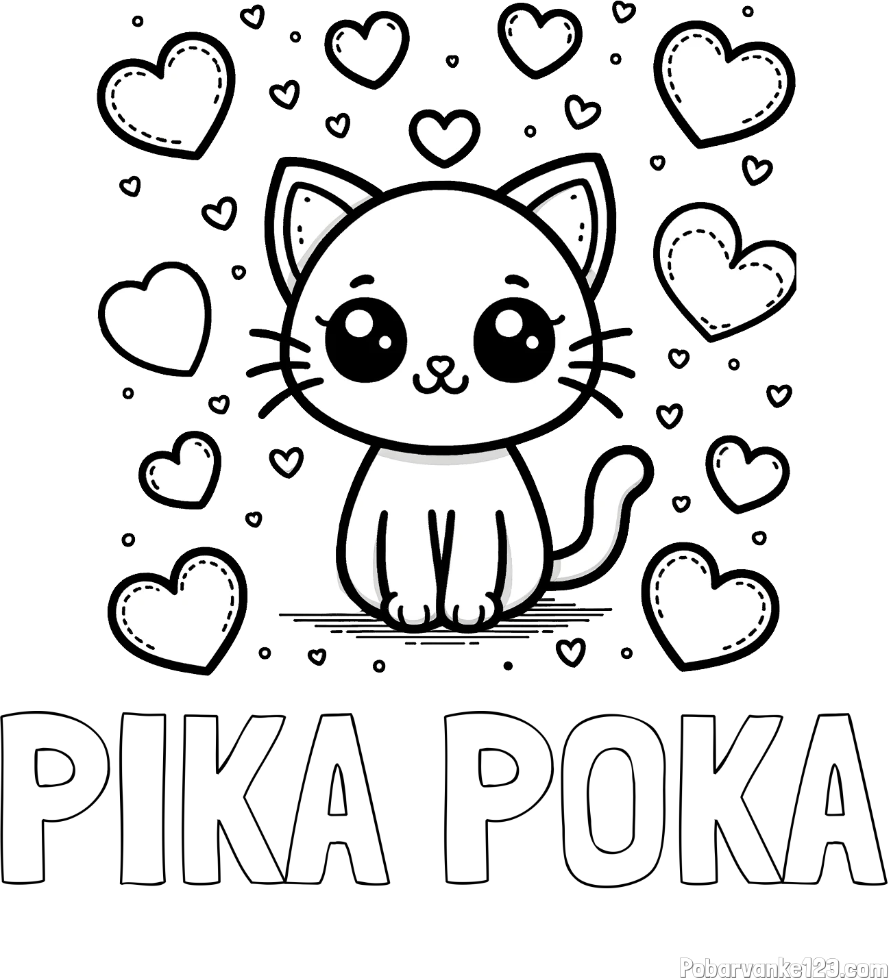 Pobarvanka imena PIKA POKA in pobarvanka ljubke mucke obdane z veliko srčki