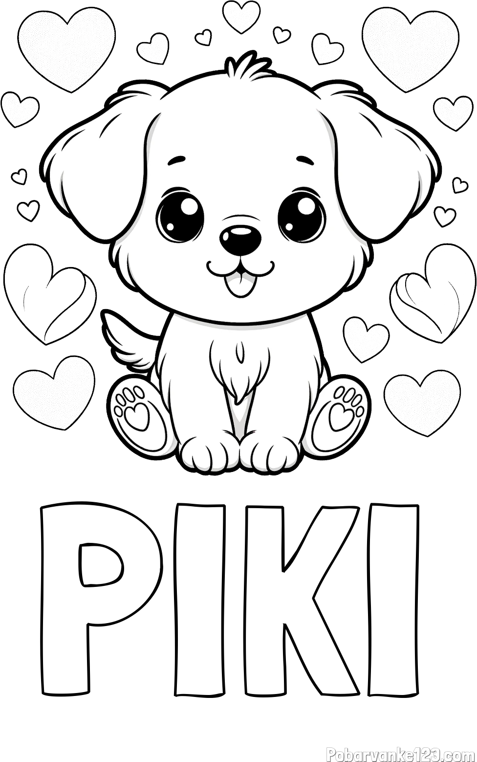 Pobarvanka imena PIKI in pobarvanka ljubkega kužka obdanega s srčki