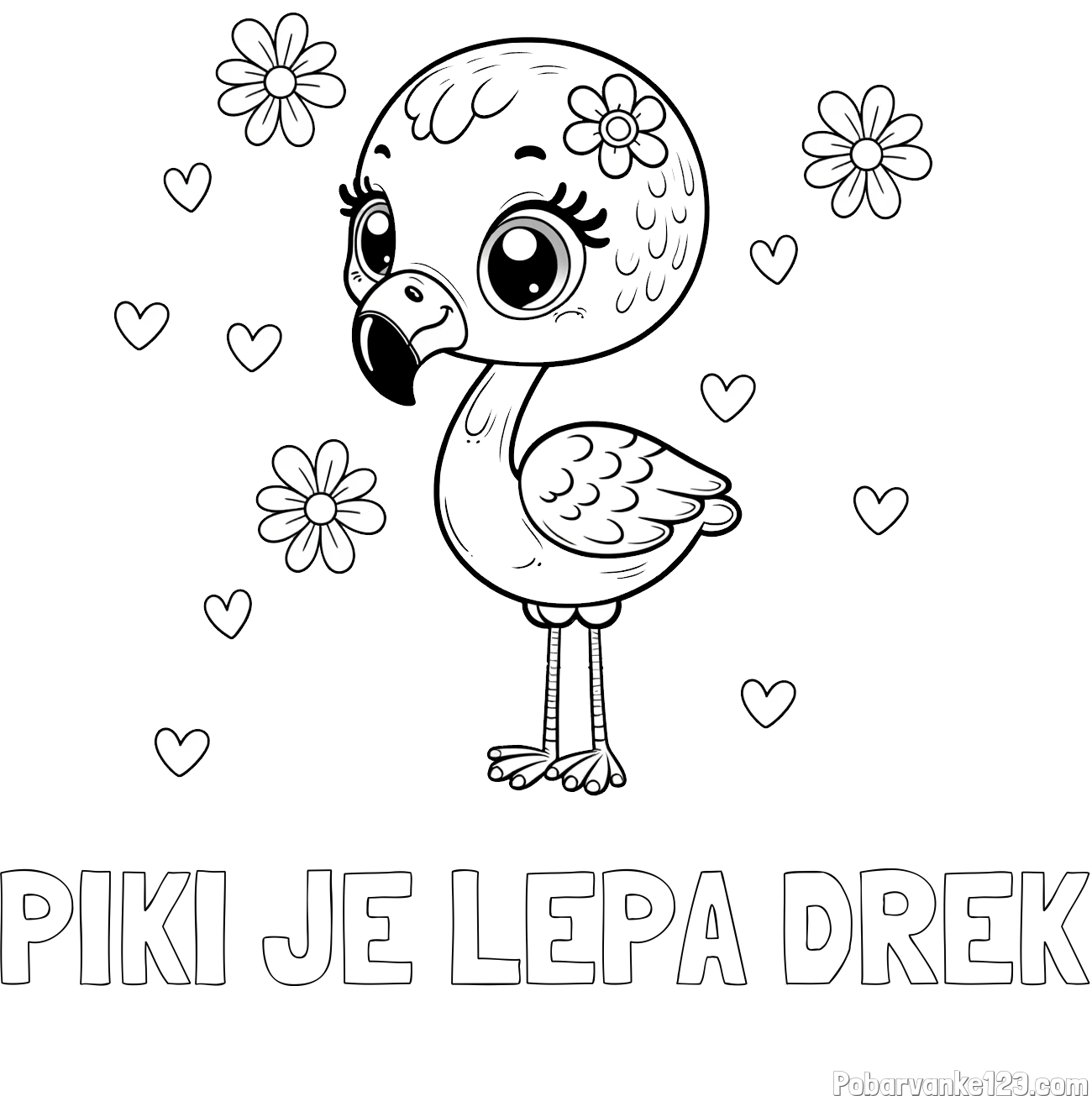 Pobarvanka imena PIKI JE LEPA DREK in pobarvanka mladička flaminga z rožicami in srčki