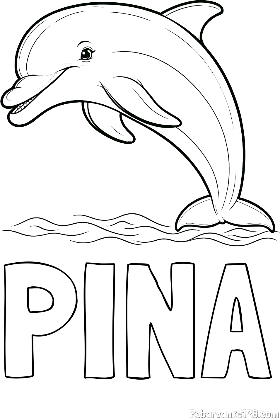 Pobarvanka imena PINA in otroška pobarvanka nasmejanega delfina v skoku
