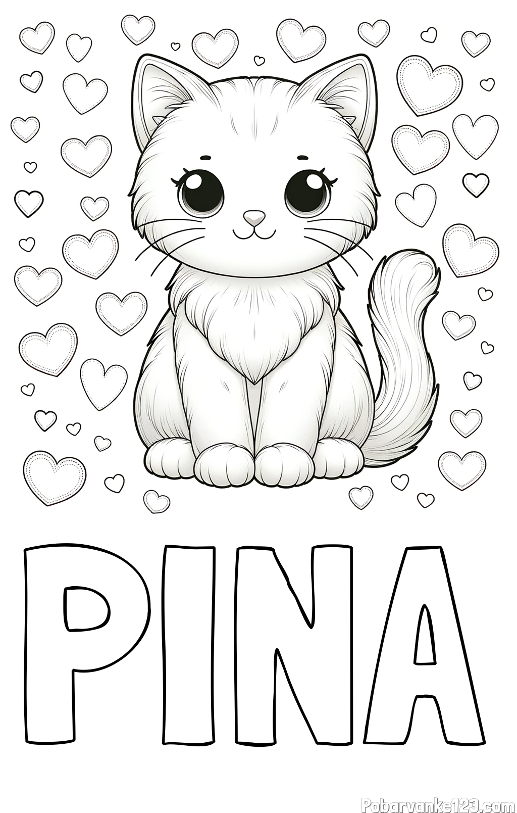 Pobarvanka imena PINA in pobarvanka ljubke mucke obdane s srčki