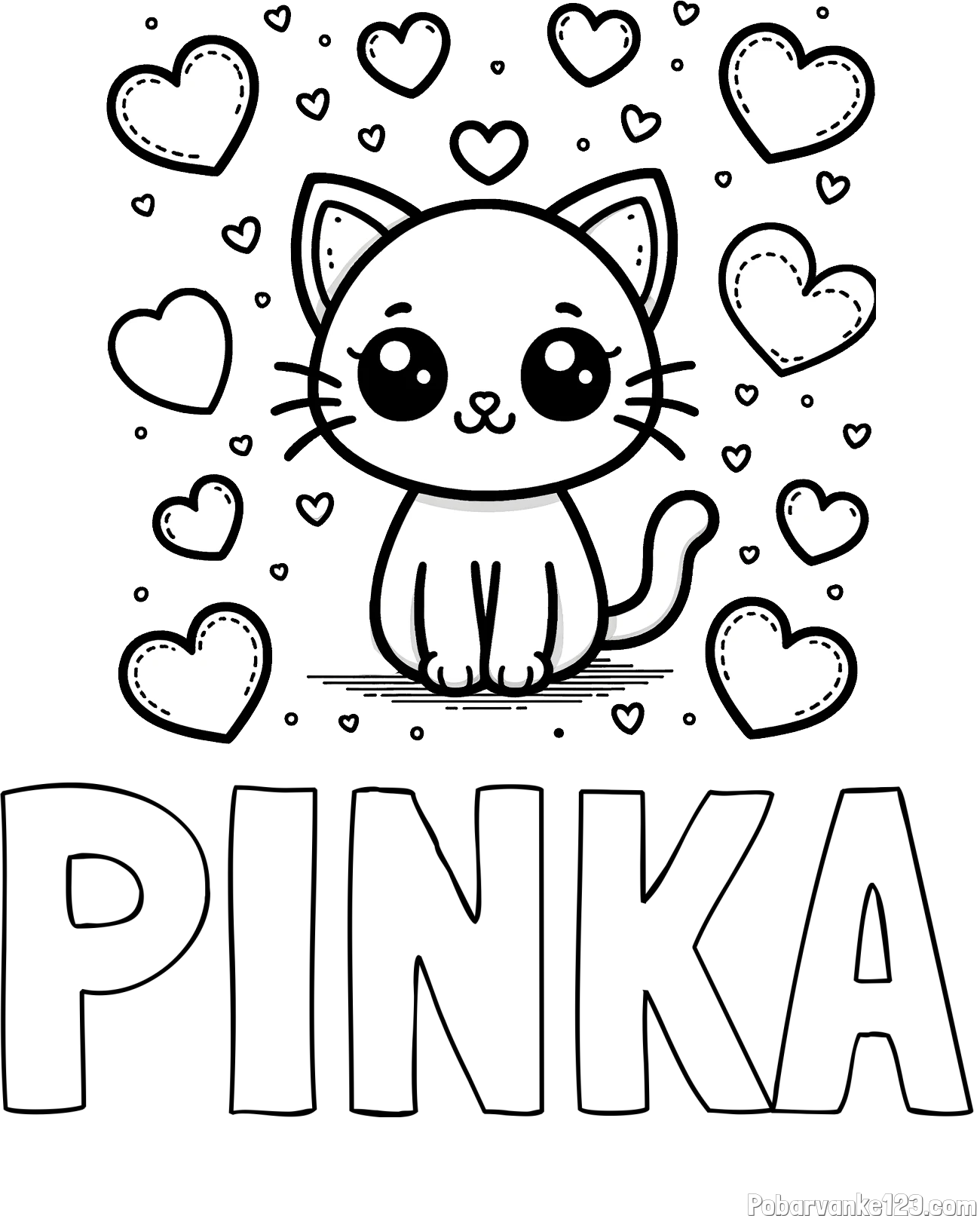 Pobarvanka imena PINKA in pobarvanka ljubke mucke obdane z veliko srčki