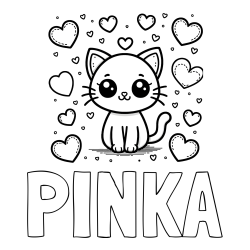 Online izdelana pobarvanka - Pobarvanka imena PINKA in pobarvanka ljubke mucke obdane z veliko srčki