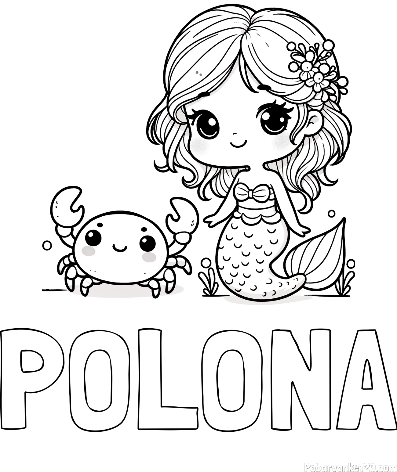 Pobarvanka imena POLONA in pobarvanka ljubke morske deklice in veselega raka