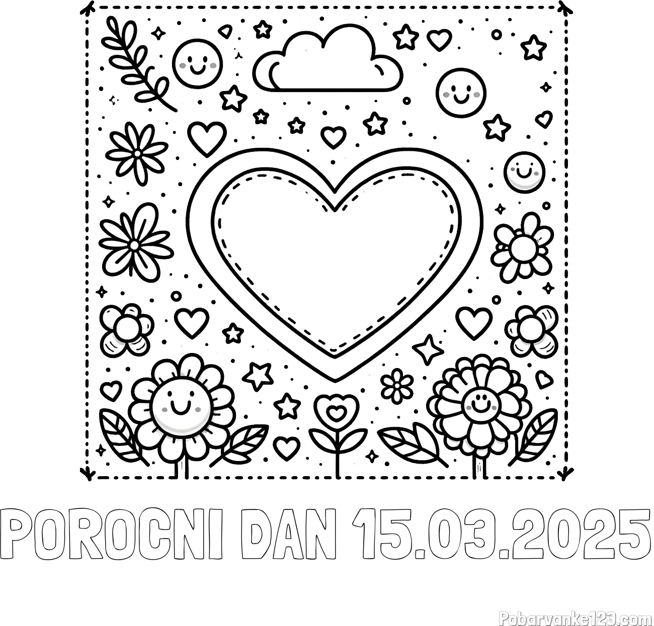 Pobarvanka imena POROČNI DAN 15.03.2025 in pobarvanka srčka ter rožic