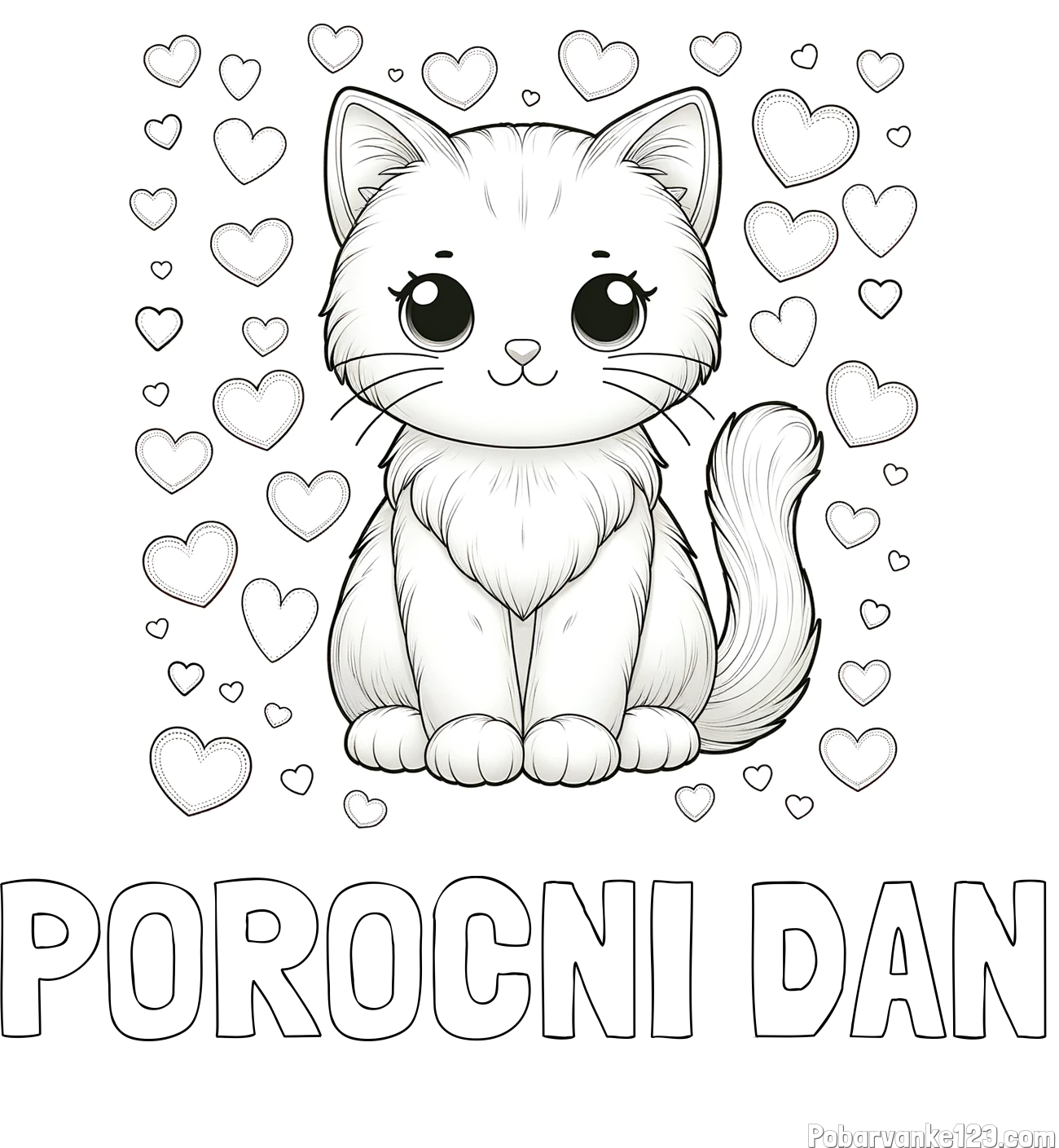 Pobarvanka imena POROČNI DAN in pobarvanka ljubke mucke obdane s srčki