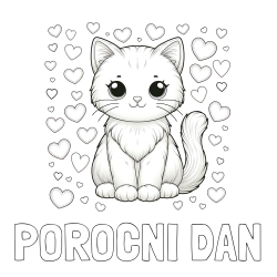 Online izdelana pobarvanka - Pobarvanka imena POROČNI DAN in pobarvanka ljubke mucke obdane s srčki