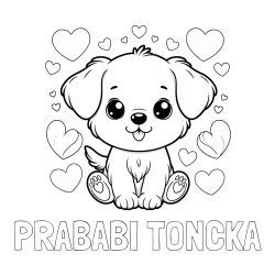 Online izdelana pobarvanka - Pobarvanka imena PRABABI TONČKA in pobarvanka ljubkega kužka obdanega s srčki