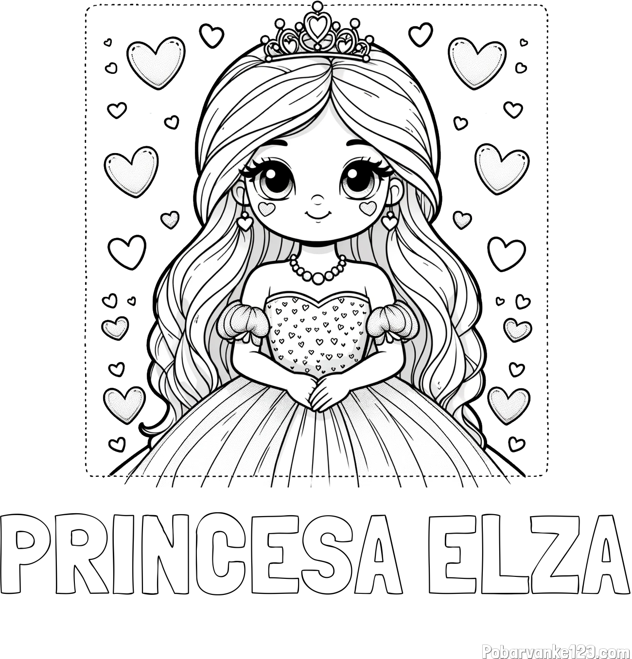 Pobarvanka imena PRINCESA ELZA in pobarvanka ljubke princese obdane s srčki