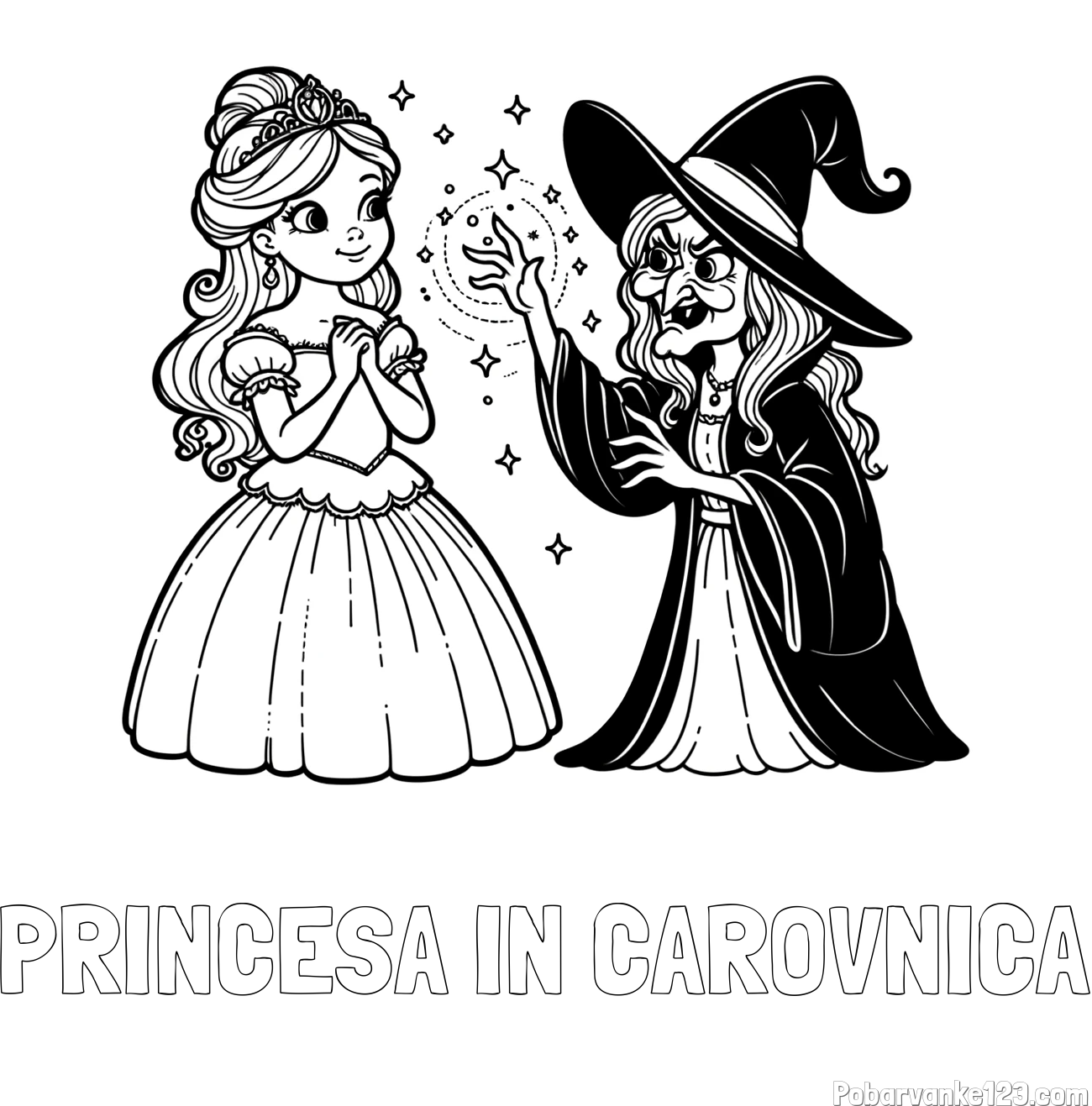 Pobarvanka imena PRINCESA IN ČAROVNICA in pobarvanka zlobne čarovnice, ki poskuša začarati princesko