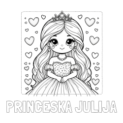 Online izdelana pobarvanka - Pobarvanka imena PRINCESKA JULIJA in pobarvanka ljubke princese obdane s srčki