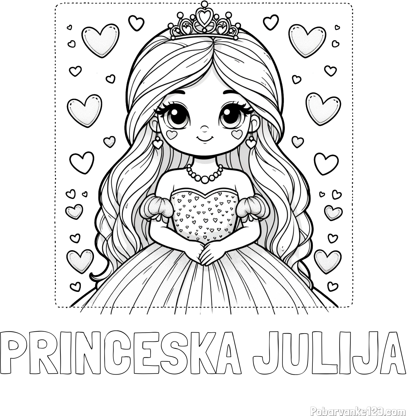 Pobarvanka imena PRINCESKA JULIJA in pobarvanka ljubke princese obdane s srčki