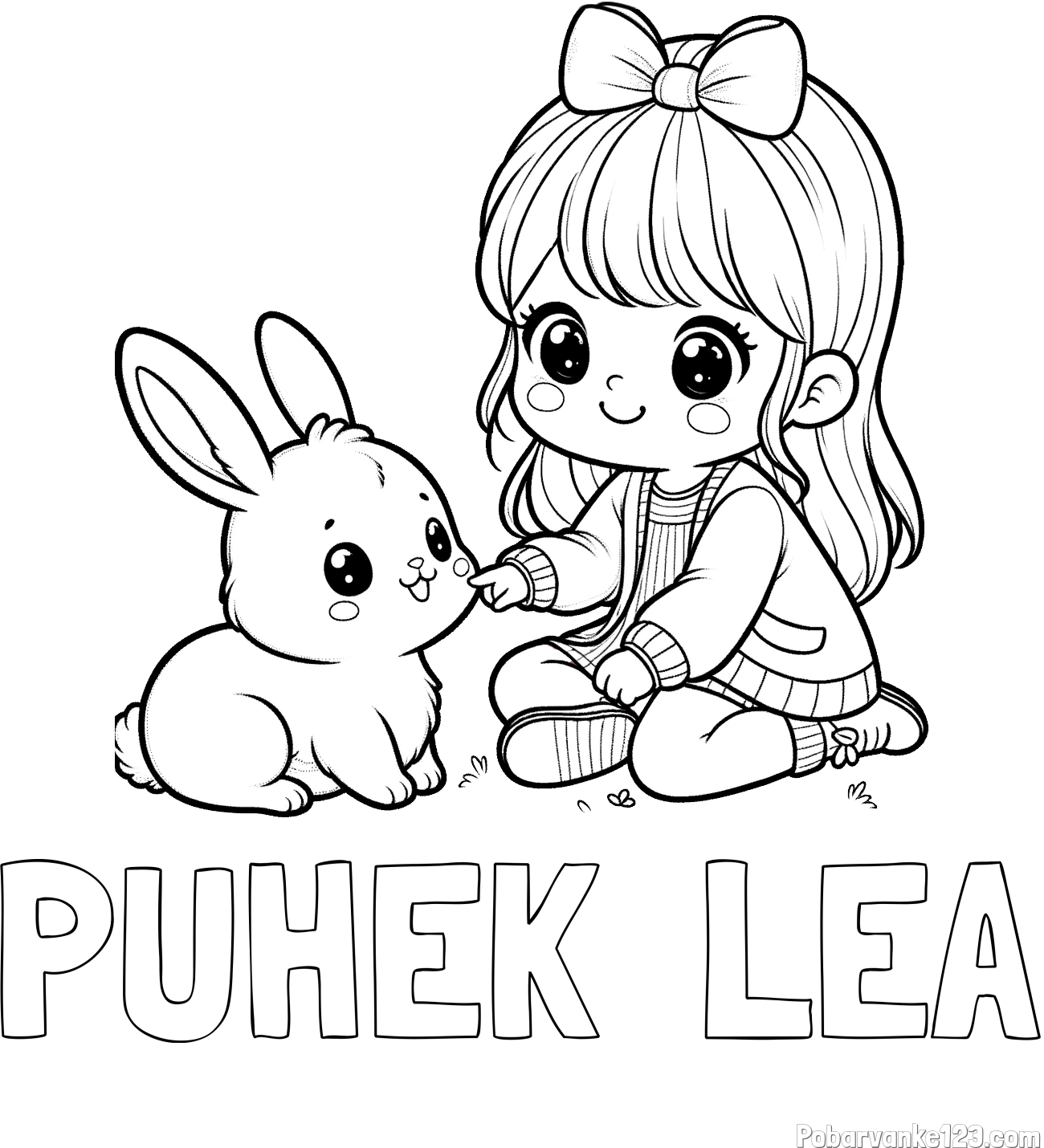 Pobarvanka imena PUHEK  LEA in pobarvanka ljubke punčke, ki se igra z zajčkom