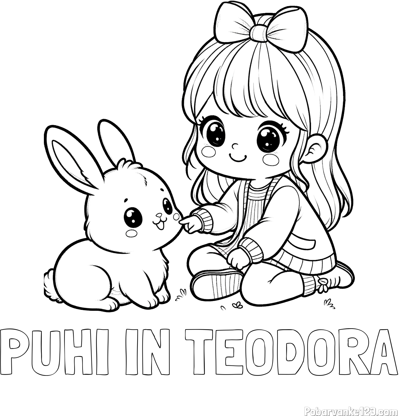 Pobarvanka imena PUHI IN TEODORA in pobarvanka ljubke punčke, ki se igra z zajčkom