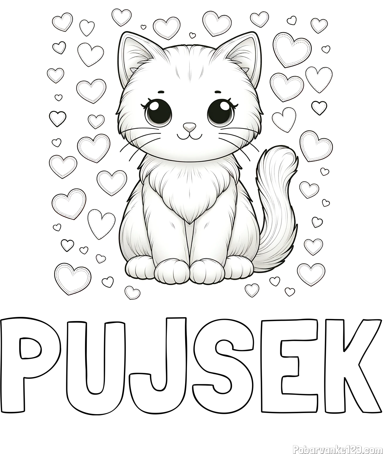 Pobarvanka imena PUJSEK in pobarvanka ljubke mucke obdane s srčki