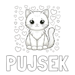 Online izdelana pobarvanka - Pobarvanka imena PUJSEK in pobarvanka ljubke mucke obdane s srčki