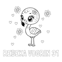 Online izdelana pobarvanka - Pobarvanka imena REBEKA VOGRIN 31 in pobarvanka mladička flaminga z rožicami in srčki