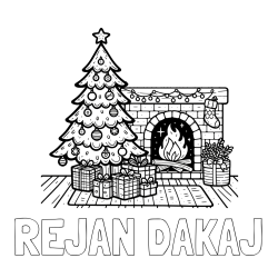 Online izdelana pobarvanka - Pobarvanka imena REJAN DAKAJ in pobarvanka božične noči z božično smrečico, darili ter kaminom
