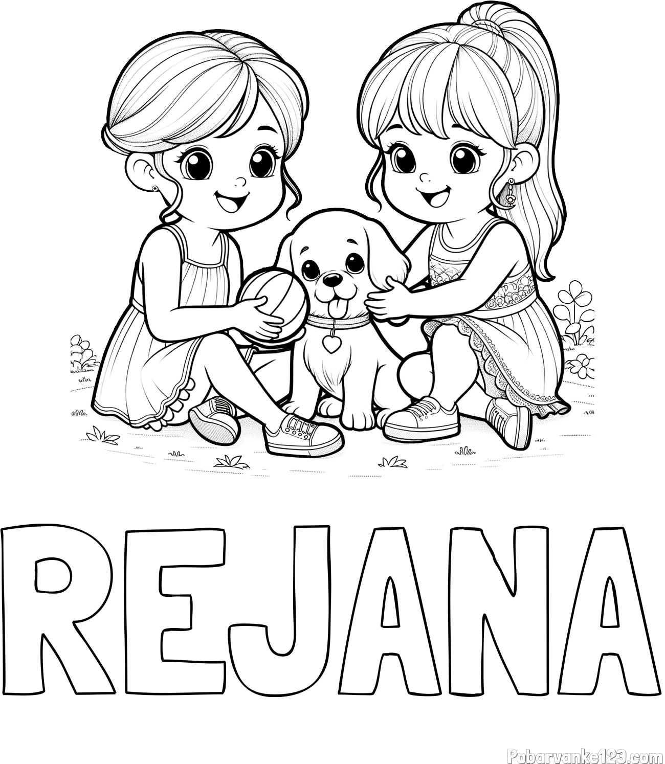 Pobarvanka imena REJANA in pobarvanka prijateljic s kužkom