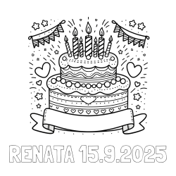 Online izdelana pobarvanka - Pobarvanka imena RENATA 15.9.2025 in pobarvanka velike torte za rojstni dan