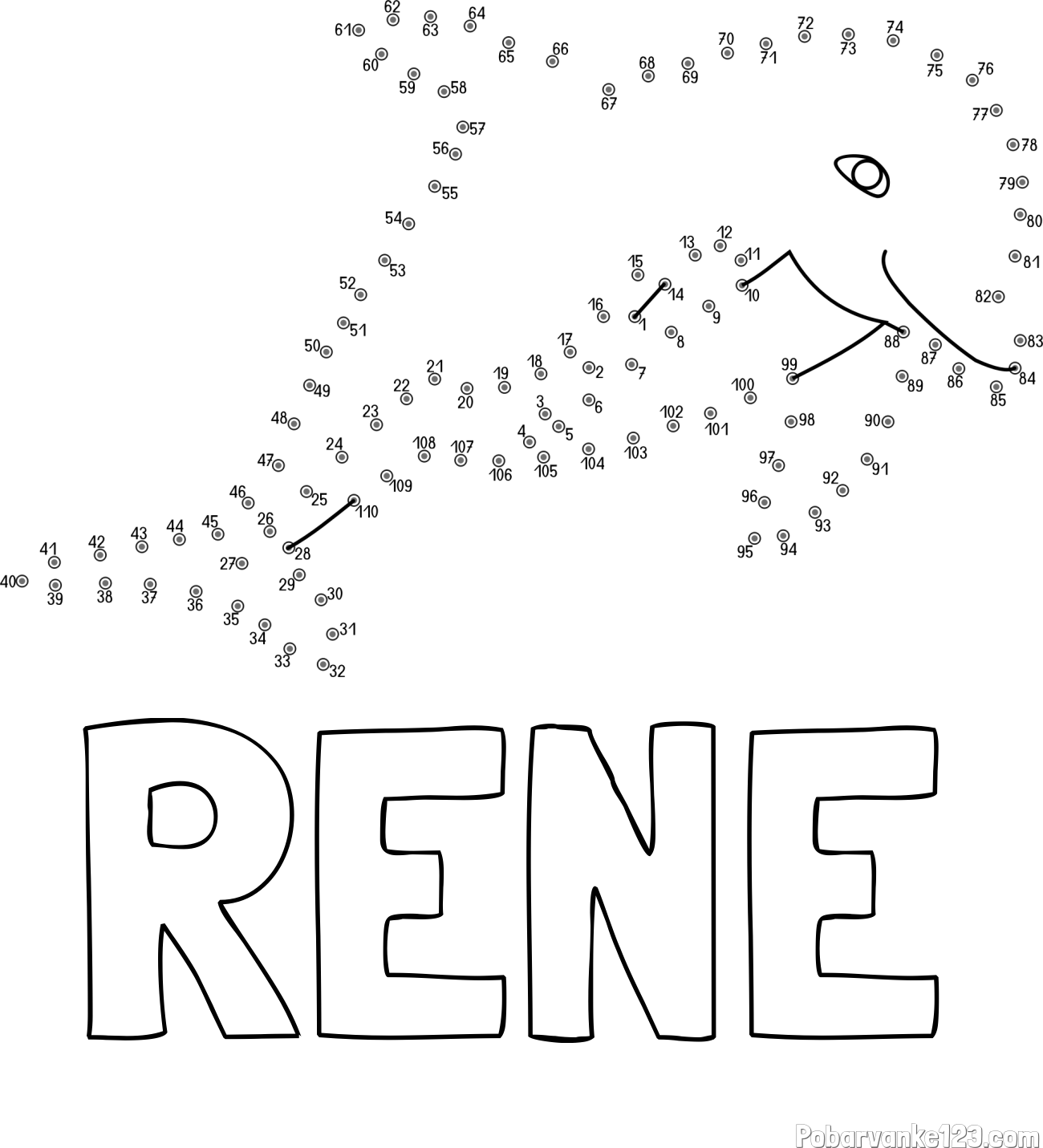 Pobarvanka imena RENE in pobarvanka delfina - poveži številke