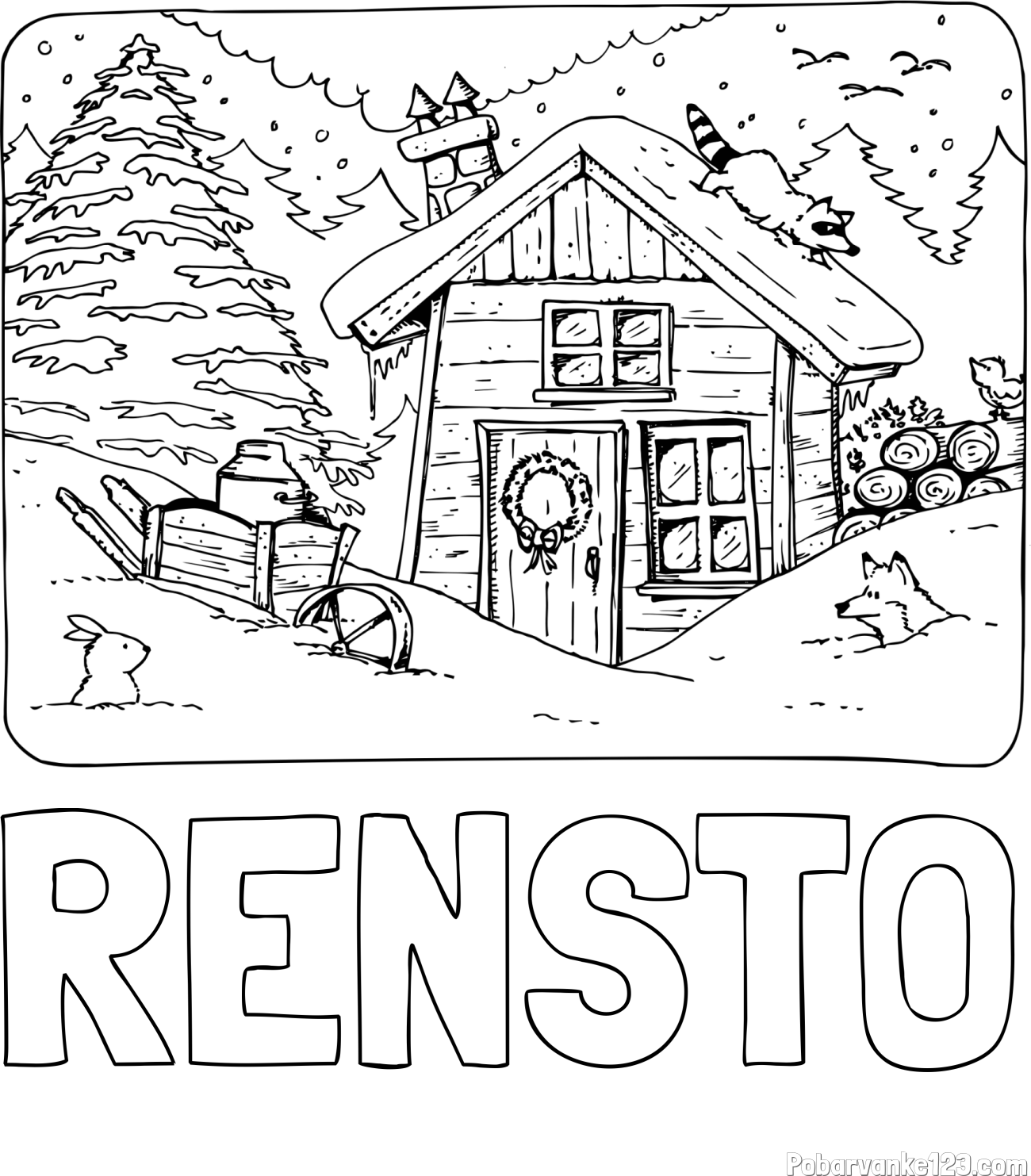 Pobarvanka imena RENSTO in pobarvanka zasnežene pokrajine s hiško