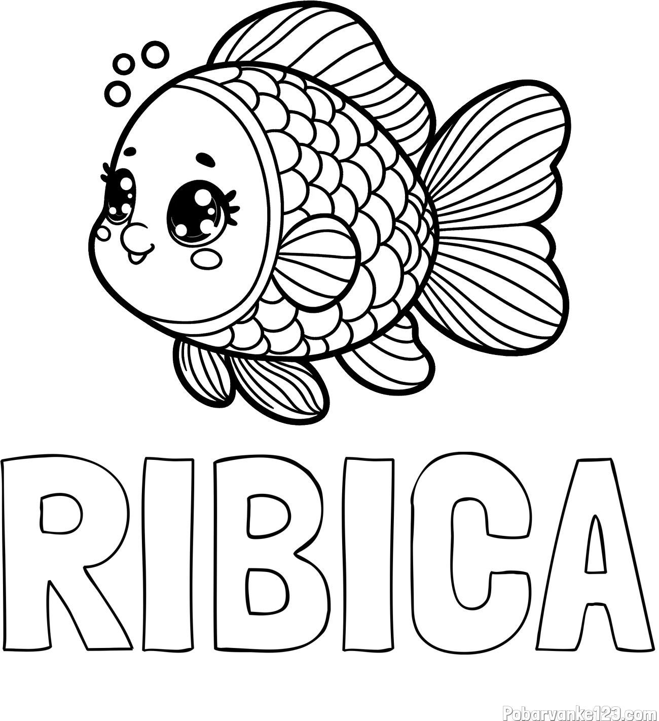 Pobarvanka imena RIBICA in pobarvanka ribe z bujnimi plavutmi