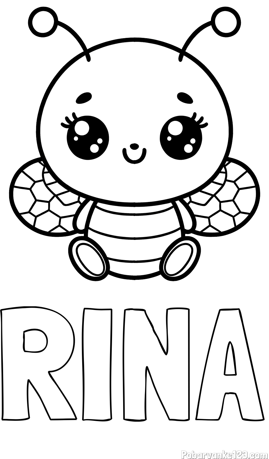 Pobarvanka imena RINA in otroška pobarvanka ljubke čebele
