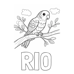Online izdelana pobarvanka - Pobarvanka imena RIO in pobarvanka ljubkega kanarčka na veji