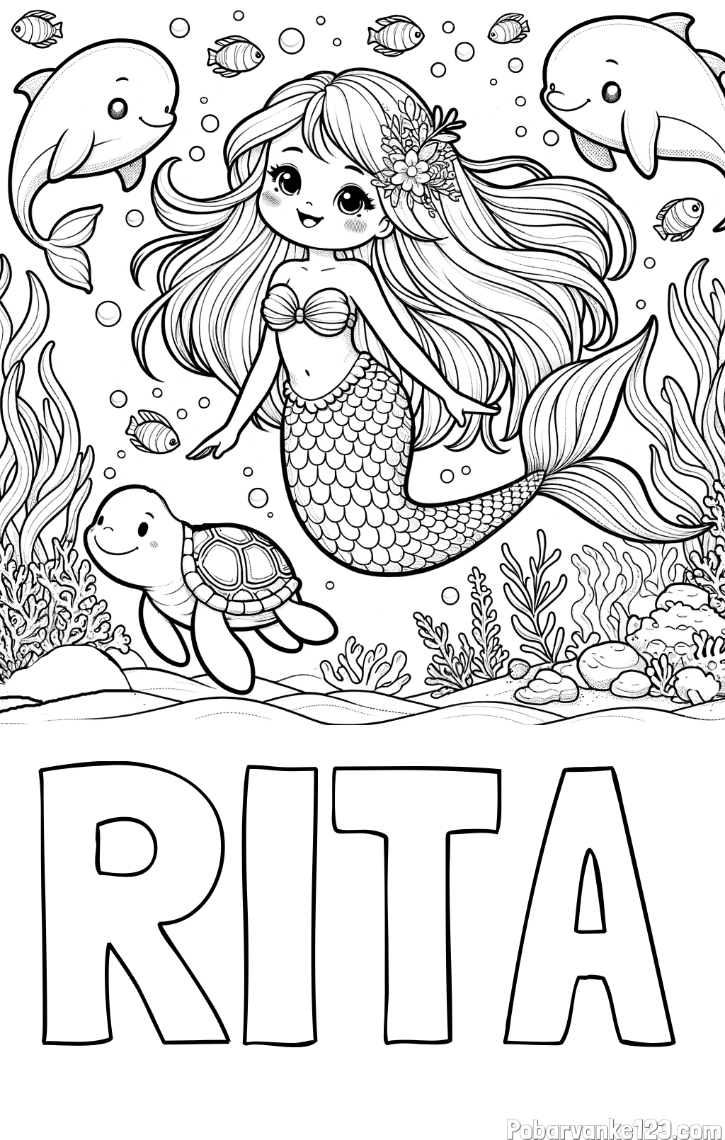 Pobarvanka imena RITA in pobarvana ljubke morske deklice s prijatelji