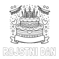 Online izdelana pobarvanka - Pobarvanka imena ROJSTNI DAN in pobarvanka velike torte za rojstni dan