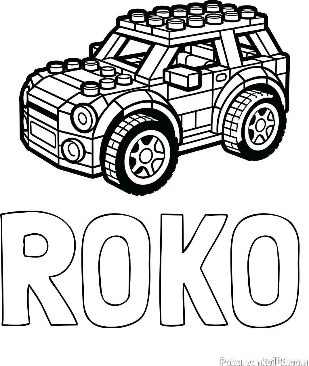 Pobarvanka imena ROKO in pobarvanka avtomobila sestavljenega iz LEGO kock