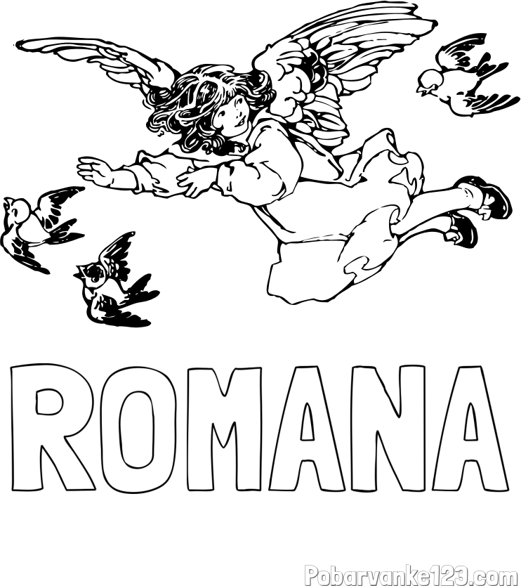 Pobarvanka imena ROMANA in pobarvanka angela s ptički