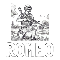 Online izdelana pobarvanka - Pobarvanka imena ROMEO in PUBG pobarvanka glavnega lika v klečečem položaju