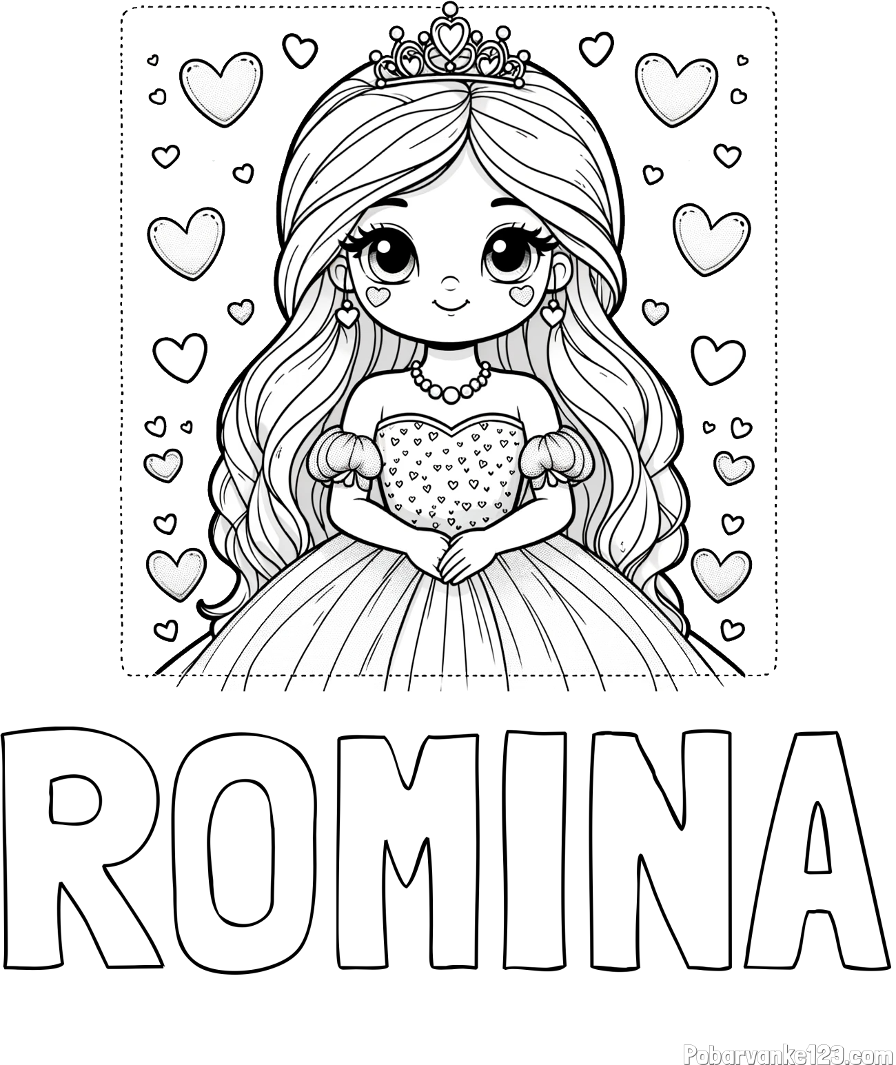 Pobarvanka imena ROMINA in pobarvanka ljubke princese obdane s srčki