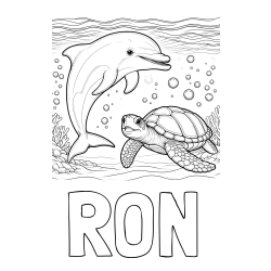 Online izdelana pobarvanka - Pobarvanka imena RON in pobarvanka ljubkega delfina in njegove prijateljice želve