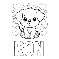 Online izdelana pobarvanka - Pobarvanka imena RON in pobarvanka ljubkega kužka obdanega s srčki