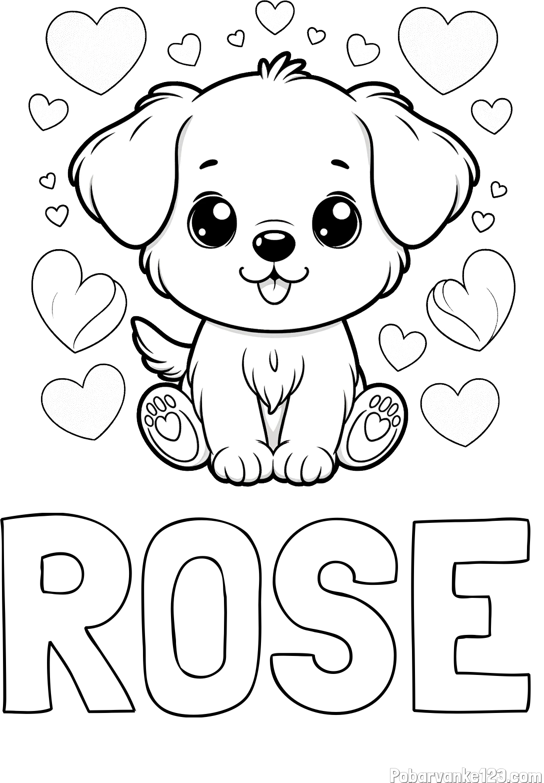 Pobarvanka imena ROSE in pobarvanka ljubkega kužka obdanega s srčki