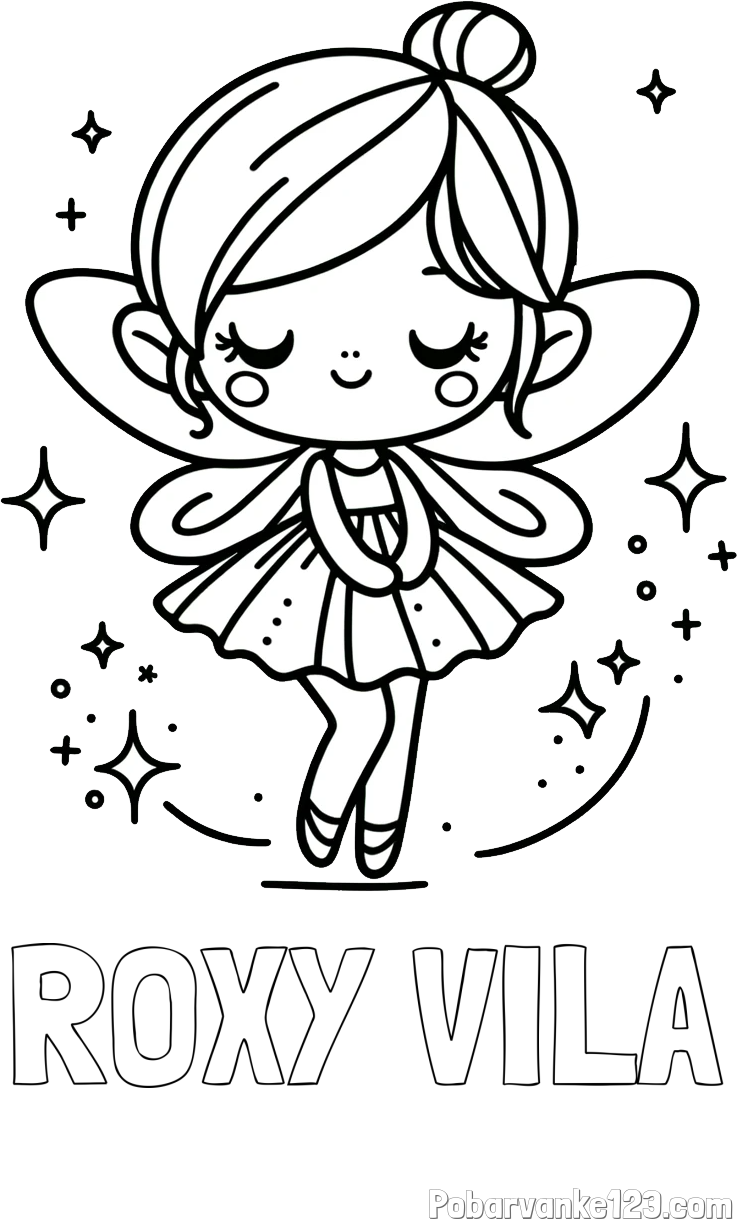 Pobarvanka imena ROXY VILA in otroška pobarvanka čarobne vile